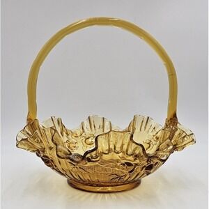 Vintage Amber Pressed Glass Basket Ruffled Edges Roses Applied Handle